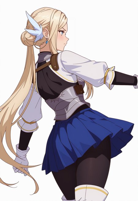 Smooth Quality,masterpiece,very intricate, high quality details, ultra realistic, high detailed skin,detailed enviorement,absurdres,
simple background, white background, dancing, solo,from behind,
 <lora:Krishna_CNR:0.8> krishna_cnr, 1girl,blonde hair,very long hair,single hair bun, sidelocks, parted bangs, blue eyes, breasts,white hair ornament, earrings,armor, breastplate, armored dress, blue skirt, pleated skirt,white gloves, black pantyhose,white thigh boots,, pout,, :i,