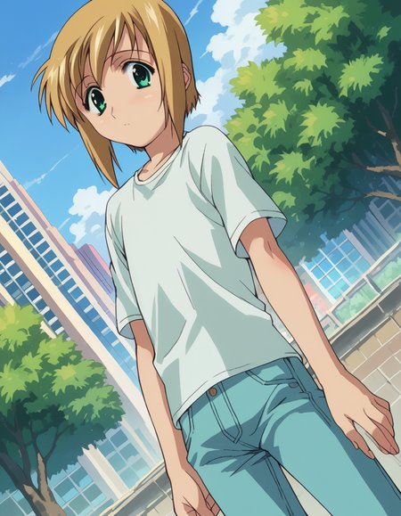 score_9, score_8_up, score_7_up, source_anime,
bokunopico, <lora:boku-no-pico-ponyxl-lora-nochekaiser:1>
pico, short hair, green eyes, blonde hair,
shirt, white shirt, pants,
outdoors, cityscape,
looking at viewer, dutch angle, cowboy shot,