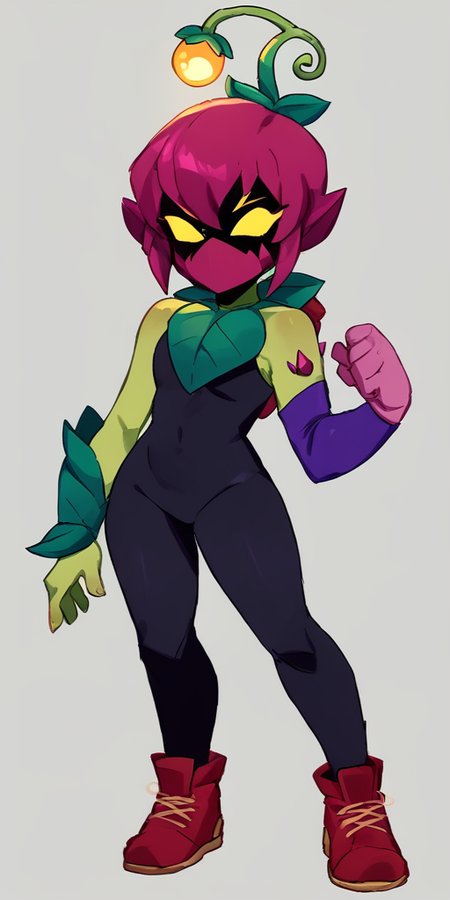score_9, score_8_up, score_7_up, bslily 1girl  green skin ,  yellow eyes,  shaded face,   no mouth, pink hair , solo , shaded face, ,pink mouth mask, plant gir  ,,sleveless  , black bodysuit  ,  asymmetrical sleeves,  purple sleeve  ,  red footwear  <lora:lilyxl:1> , simple background,  full body,  standing, asymmetrical footwear,  red footwear