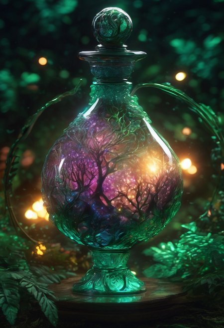 Score_9, Score_8, high_def, highest quality, 4k, best quality, masterpiece, focused, defined, Photorealistic magic potion, intricate glass bottle, elixir, vibrant forest green and teal colors, ethereal light, flashy lights, magic lights, luminous, dynamic reflections, magical aura, highly detailed, fantasy essence, glowing particles, radiant aura
