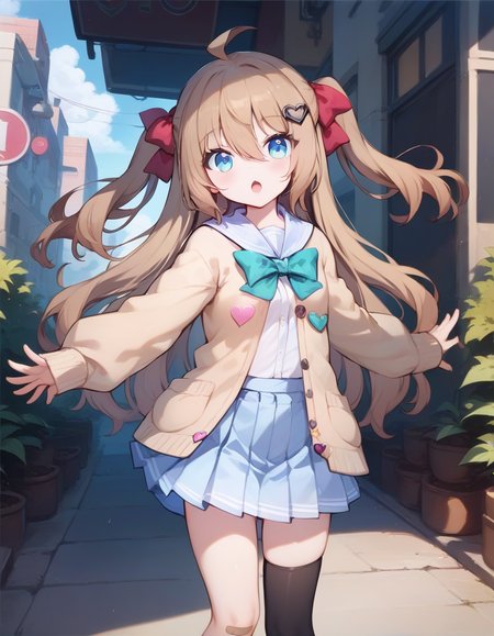 score_9,score_8_up,score_7_up,score_6_up BREAK official art,solo,outdoors,looking at viewer,facing viewer,Neuro-sama,ahoge,very long hair,long hair,brown hair,two side up,hair bow,red bow,hairclip,heart hair ornament,hair between eyes,bangs,blue eyes,school uniform,blue sailor collar,brown cardigan,open clothes,open cardigan,white shirt,green bow,puffy long sleeves,sleeves past wrists,button badge,small breasts,blue skirt,pleated skirt,bandaid on knee,single thighhigh,asymmetrical legwear,black thighhighs,single sock,loafers,brown footwear,<lora:Neuro-Sama(vtb)-Pony-000015:1.5>,<lora:Smooth Anime Style LoRA XL>,
