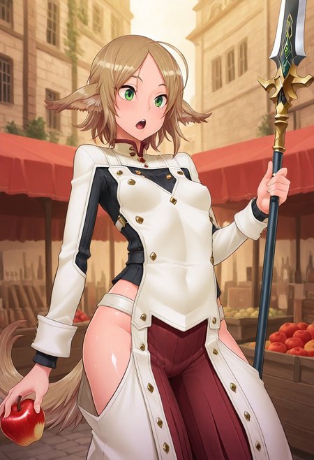 masterpiece, best quality, amazing quality,, (1girl, solo) noa riads, animal ears, green eyes, tail, brown hair, short hair, ahoge, dog ears, dog tail, long tail, , small breasts, ,ccowboy shot,looking away,<lora:goddessarmor_IL:1>,goddess armor,hair ornament,blue hair,swept bangs,polearm,holding spear,holding apple,street,market,open mouth,  shiny skin, shiny body, shiny hair, (best quality) , (highly detailed) ,((masterpiece)), ((best quality)), (ultra-detailed), ((extremely detailed)), (high resolution), 4K, (8K), best quality, (beautiful), (dynamic lighting), (super detailed skin), sharp focus,detailed eyes、detailed face and detailed skin detailed eyes、detailed face and detailed skin, skindentation, clear skin, shiny hair, ultra detailed eyes, depth of field, sharp, intricate details, hyperdetailed, shindol, Shindol style