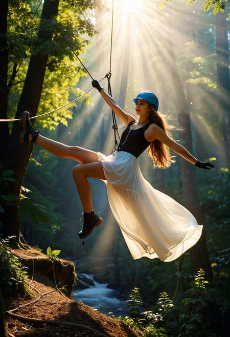 cinematic film still, (ultra realistic zip-line:1.5) of a woman in a white dress is swinging on a rope in the woods with a helmet on her head and wearing gloves, Artur Tarnowski, award-winning photograph, a stock photo, Magical beautiful with bright forest background, bright sun light and dark shadows, (volumetric lighting, fog:1.6), bokeh, Fujifilm Superia Venus 800, <lora:add-detail-xl:1.4>