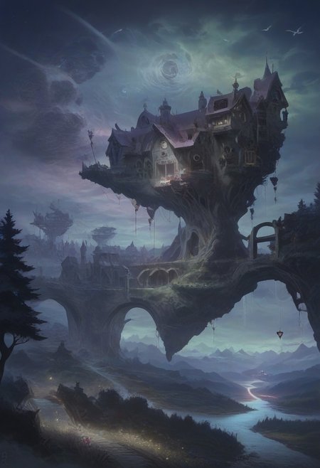 dramatic, fantasy, mysterious, magic, landscape, ramshackle, Scottish, cottage, dappled, clouds, village, steampunk, peasant, robots, crowd, farm, lake, rocks, river, bridges, waterfalls, boat, cliff, road, valley, ironwork, flowers, trees, fields, fences, snowy, mountains, aurora, futuristic, overgrown, skyscrapers, ruins, market, water, mill, castle, houses, walls, birds, sky, starry, crescent, meteor, godrays, light particles, seasons, steam, smoke, science fiction, post-apocalypse, happy, sunny, pastoral, colorful, lighting, cheeseburger, concept art, realistic, Expressiveh