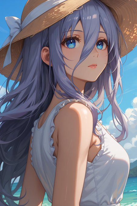 score_9, score_8_up, score_7_up, score_6_up, source_anime, BREAK, <lora:Mio Takamiya-PonyXL-lora-Faxtron:0.85> mio takamiya, blue eyes, grey hair, long hair, hair between eyes, white dress, sleeveless, sun hat,