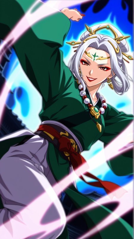 source_anime, general, best quality, masterpiece, 1girl,  <lora:Kukuru_ill_v1.0:1> kukuru\(srw\),brown eyes, silver hair,green forehead mark, hair rings, makeup, lipstick, forehead jewel, white hair, earrings,green hanfu , hair stick, red lips, jewelry, hair ornament, necklace , cowboy shot,dynamic pose, dutch angle, dancing, evil smile, jumping, aura,