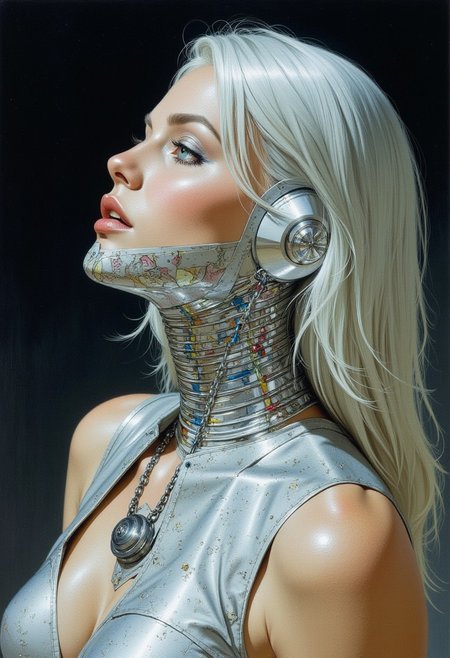 impressionist classical-style painting of a highly detailed, fantasy scene with a dramatic, robotic aesthetic. The central figure is a female robot. Her head and body are made of white, shiny and smooth metal with multi-colored, exposed wiring going down her neck creating an organic mosaic pattern. She is a biomechanical robot and there are wires jacked into her face. Her eyes are an intense silver color with light silver eyeshadow, and her lips are a rich, deep silver color. There is a missing panel on her cheek. A spot light focuses on her from above. Her hair is stark, metallic white strands that falls around the lower half of the image. She is blending in with the background. She is facing you and looking up into the sky intensely. The overall impression is one of dramatic beauty, with an almost otherworldly quality.  (((ultra-realistic style))), realistic soft lighting, dark, eye-catching, atmospheric lighting, natural, shallow depth of field, (highlights: 0.8), high detail (dynamic, cinematic shot, film grain, bokeh, depth of field,