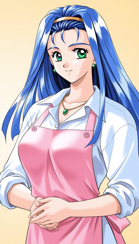 general,highres, ultra-detailed,very aesthetic,best quality ,best hands,  BREAK <lora:Yamashita_Minatsu_IS:1>YamashitaMinatsu, 1girl,solo, blue hair, long hair, hairband, jewelry, green eyes, earrings, large breasts, 1990s (style), 
1girl, solo, apron, smile, shirt, white shirt,  looking at viewer, blue eyes, sleeves rolled up, necklace, upper body, 
down arms,