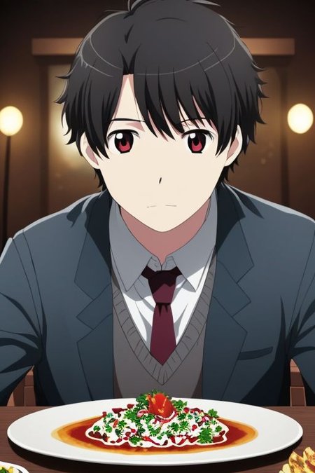 high resolution, solo, best quality, 1Boy, Portrait, Inaho Kaizuka, Black Hair, dating, romantic, dinner,