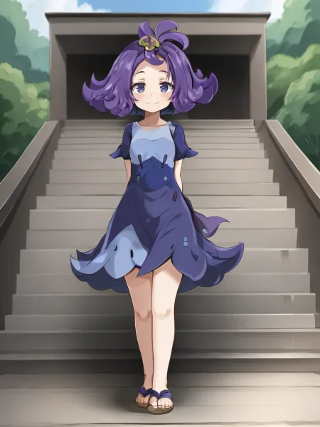 <lora:sumonacerolatsukishiro:1>
1girl, solo, acerolasiriguela, purple hair, flipped hair, topknot, hair ornament, multicolored dress, short sleeves, sandals, arms behind back, full body, outdoors, standing, stairs, looking at viewer, smug, smile, cowboy shot