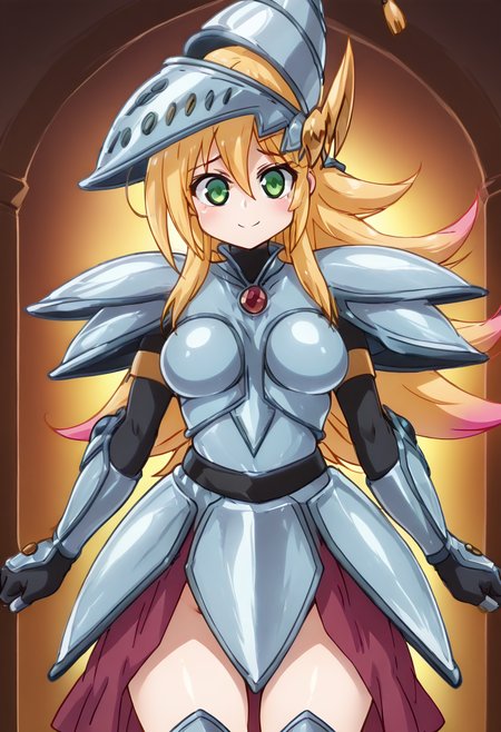 (masterpiece, best quality, good quality, very aesthetic, absurdres, newest:1.2), (curvy, medium breasts),  zzDMGDragonKnight, green eyes, long hair, blonde hair, hair between eyes, armor, helmet,  , <lora:DarkMagicianGirlDragonKnight_NAI:1.0>,, smile, looking at viewer, cowboy shot,  ,<lora:IshuzokuReviewersNAI:1.0>,