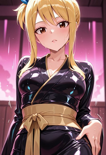 masterpiece, best quality, good quality, very aesthetic, absurdres, newest, 8K, depth of field, focused subject, in the style of cknc, artist:moriimee, in the style of cksc, 
1girl, lucy heartfilia (fairy tail), long blonde hair, loose, brown eyes, small_breasts, perky, kimono, metallic_latex, neon_accents, glossy lips, sweaty, leaning_back, hand_on_hip, looking at_viewer, breast focus, motion_lines:0.7, motion_blur:0.7, retrofuterotica,
BREAK
neon_guildhall, holographic_keys, glitchy_crystals,
BREAK
neon_colors, warm_tones, shiny_surfaces, glitch_overlay, soft_warm_light, neon_highlights, film_grain, rich_details, view_front, from_front,