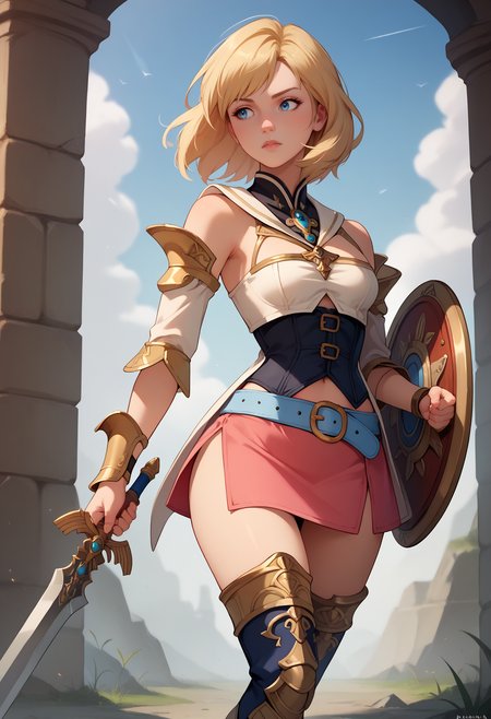 score_9, score_8_up, score_7_up, <lora:ChamAsheliaPonyXL:0.8> Ashelia, medium hair, blonde hair, blue eyes, detached collar, brooch, white shirt, cleavage, midriff, detached sleeves, bracer, black corset, pink skirt, microskirt, pink skirt, blue belt, thigh boots  <lora:UBW_XLPD:0.8> Unlimited Blade Works, Shield, Sword, holding weapon, holding, weapon