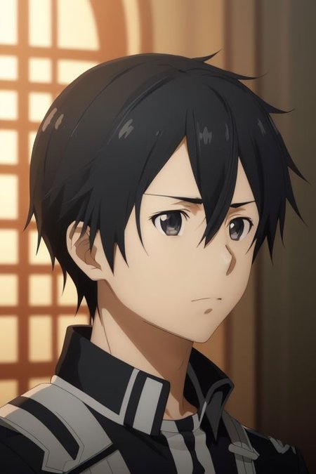 high resolution, solo, best quality, 1Boy, Kazuto Kirigaya, portraits, Black Hair, Black Eyes, military, action, OverallDetail