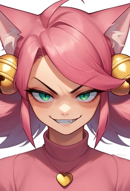 score_9, score_8_up, score_7_up, source_anime, solo, 1girl, Mew Mew, catgirl, pink hair, green eyes, half-closed eyes, cat ears, bells, pink shirt, heart locket, evil smirk, glare, smug, portrait, close up, half body, standing, arms at sides, looking at viewer, standing, white background