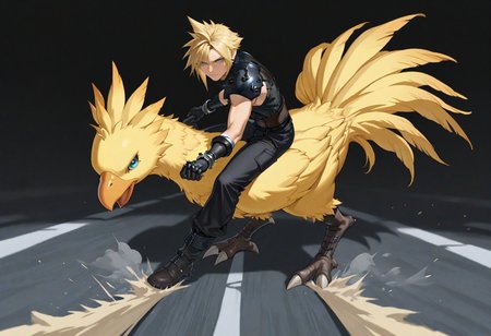 masterpiece, best quality, full body, male focus, solo, 1boy, cloud strife, final fantasy, serious, looking at viewer, ak1rasl1de, riding animal, chocobo, blonde hair, blue eyes, black shirt, sleeveless shirt, shoulder armor, gloves, black pants, boots, road
<segment:yolo-Anzhc Face seg 640 v2 y8n.pt,0.4,0.5//cid=1>