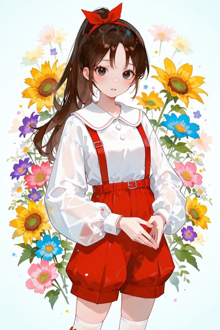 masterpiece,best quality,good quality,very aesthetic,absurdres,newest,1girl,solo,looking_at_viewer,blush,flower,cowboy_shot,parted_lips,parted_bangs,see-through,own_hands_together,red_flower,pink_flower,blue_flower,yellow_flower,purple_flower,sunflower,see-through_sleeves,orange_flower,colorful,daisy,holding,Watercolor,<lora:ponyv5_noobV065S_1_adamW-000013:0.25>,<lora:USNR_STYLE_XL_lokr:0.45>,<lora:ILwatercolor:0.25>,<lora:96YOTTEA-WAI:0.45>,
<lora:ruirui-noob-Tanger:0.8>,ruirui,clothes: ruirui red bib pants with white shirt,1girl,brown hair,shorts,brown footwear,white shirt,long hair,suspenders,black eyes,white kneehighs puffy socks,ponytail,