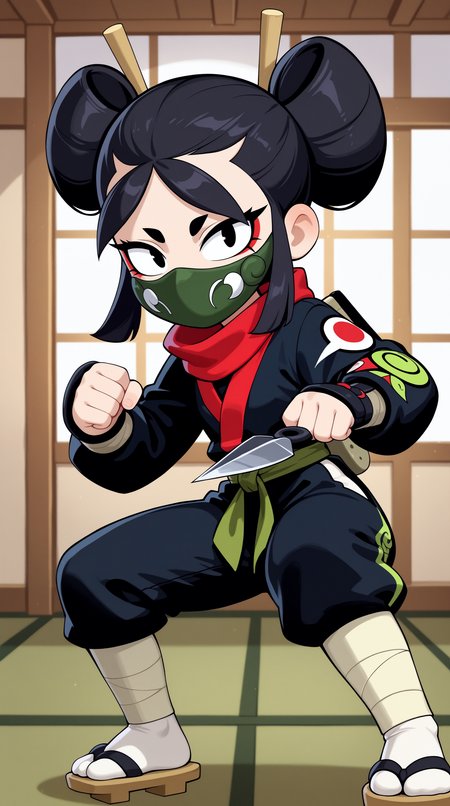 masterpiece, best quality, amazing quality, aesthetic,  absurdres, best quality, 4k, upscale, indoors,1girl, kaze, solo, 1girl, black hair, weapon, black eyes, hair bun, holding, double bun, japanese clothes, kunai, ninja, holding weapon, looking at viewer, full body, thick eyebrows, mask, sandals, makeup, eyeliner, fighting stance, mouth mask,, ninja  <lora:Kaze_IL:0.8>