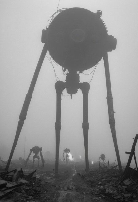 monochrome, black and white photo, old photo,blurry, low quality, old photo defects, world war 1, steam punk technology, automatons, battlefield, destroyed city,rubble, collapsed buildings, fires, artillery, Thick fog, strange shaped robots moving in the distance,massive machines in far distance,massive robots with 3 long legs , bodies,no arms, antenna, wires, consistent design,three lights ,cylindrical object protruding from the body with 3 lights on its front, looking at viewer, scary, only silhouettes, damaged robots, trench warfare, no mans land, large robots, art style of simon stalenhag