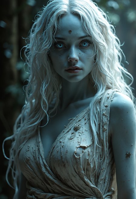 A mesmerizing changeling woman, her skin a striking blueish-grey hue, eyes a ghostly white, and hair a stunning shade of white, stands dressed in tattered rags. The image, whether a painting or photograph, captures her ethereal beauty with a sense of eerie grace. Every detail, from her otherworldly appearance to the worn clothing she wears, tells a story of mystery and transformation. The high-quality rendering of this enigmatic figure draws viewers into a world of captivating enchantment.