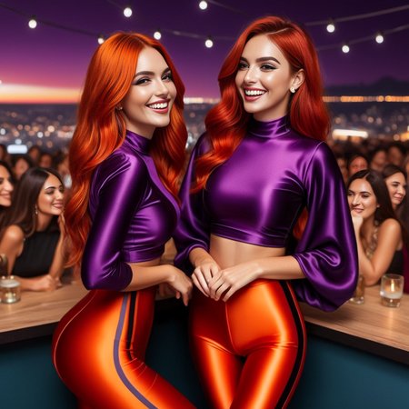 appliqu style, layered fabric, colorful, patterned, textured elegant digital painting, the image portrays a striking digital art piece. at the center of the composition, two south american women, the image captures a vibrant and festive atmosphere with a 24 year old adult woman at its center. she is dressed in an eye catching ((satin)) dark purple  top paired with shiny red and black spandex_leggings, beautiful long red and orange  hair <lora:add-detail-xl:2> laughing scene
 <lora:spandex_leggings_v1:1.1>
