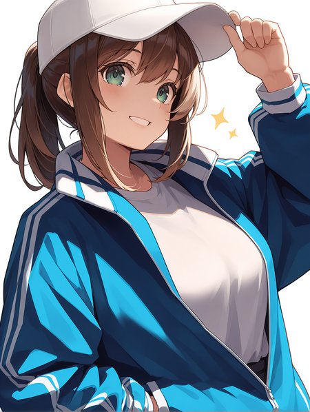 masterpiece,best quality,newest,
1girl,solo,
<lora:amemiya_natsumi_ilxl_v1.1:1>,a_natsumi,brown hair,green eyes,
blue jacket,
<lora:Fixhands_anime_bdsqlsz_V1:1>,upper_body,hand in pocket,looking_at_viewer,smile,white_background,simple_background,white baseball cap,