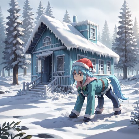 best quality, highres, high resolution, score_9, score_8_up, score_7_up, score_6_up, score_5_up, score_4_up, 1 female, aqua is wearing Santa outfit, her outfit is made of snow crystals,  (Aqua_(Konosuba):1), fr0stwrld, snow, ice, <lora:Fr0stWrld-v10:1.2> , <lora:Aqua Pony:1> ,full body, front yard of a house in snow forest, snow background, standing , anime pose, sad gloomy face