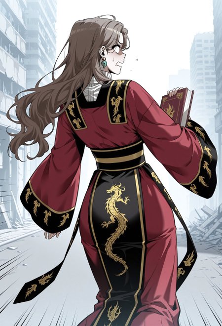 masterpiece, best quality, amazing quality, absurdres, 

M1n_J1w0n, 1girl, solo, brown hair, long hair, wavy hair, large breasts, earrings, jewelry, stud earrings, magatama earrings, korean clothes, red hanbok, long sleeves, wide sleeves, white shirt, white high collar, black sash, golden dragon print sash, chima (clothes), 

 running, on street, holding book, speed line, post- apocalypse background, wavy mouth, (blank eyes:1.2), from behind, 