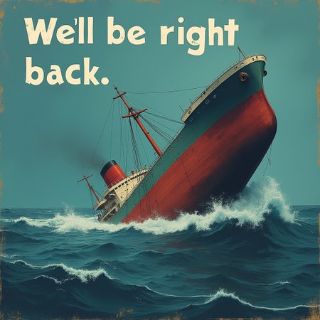 ship sinking, bold text above ("We'll be right back")