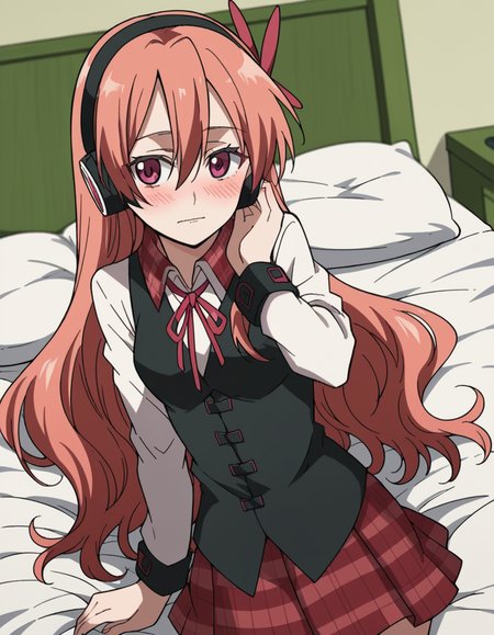 score_9, score_8_up, score_7_up, source_anime,
agkchelsea, <lora:agk-chelsea-s1-ponyxl-lora-nochekaiser:1>,
chelsea, pink eyes, hair between eyes, long hair, pink hair, straight hair,
collared shirt, diagonal stripes, dress shirt, hair ornament, headphones, long sleeves, neck ribbon, plaid, plaid skirt, pleated skirt, red ribbon, red skirt, ribbon, shirt, skirt, striped, vest, white shirt, wing collar,
indoors, bed, bed room, on side, blush, drunk,
cowboy shot, solo, dutch angle, looking at viewer,