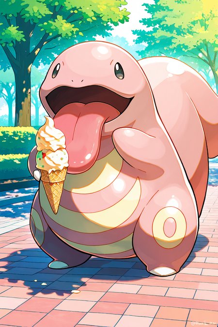 masterpiece, best quality,   Lickitung, no humans, pokemon (creature),  <lora:LickitungPokedexIXL:1.0>,   eating ice cream, playful expression, park background, sunny day, vibrant colors, detailed and fun, soft lighting, whimsical atmosphere