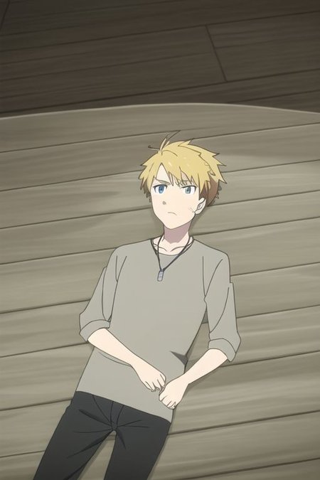 high resolution, professional photography, solo, best quality, 1Boy, Yamato Ishida, Blond Hair, Deep Blue Eyes, Necklace, lying down, conquered, hurt, dying, battered, blank stare, bruised, OverallDetail