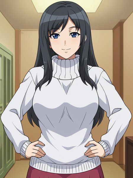 <lora:Nanami_Honda-Soredemo_Tsuma_wo_Aishiteru:0.8>,Nanami,mature female,1girl,solo,black hair,long hair,blue eyes,breasts,turtleneck,sweater,skirt,hands on own hips,looking at viewer,indoors,smile