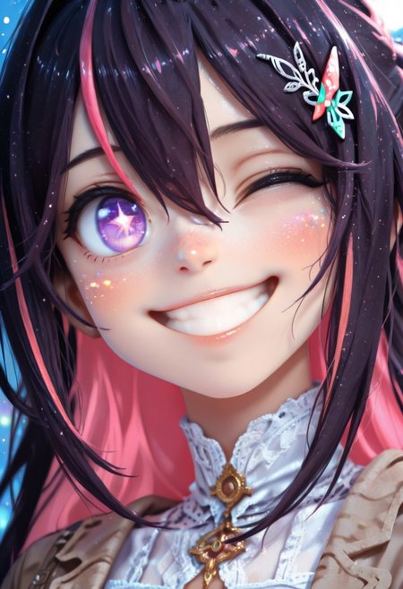 masterpiece,best quality,amazing quality, 1girl, solo, azki,hololive,multicolored hair, pink hair, purple eyes, black hair, dress, colored inner hair, hair between eyes, white dress, brown jacket, two-tone hair, jewelry, x hair ornament, bangs, very long hair, streaked hair, hairclip, star \(symbol\), star-shaped pupils, symbol in eye, star in eye, close-up,portrait, eye focus, Colorful themes,High Saturation, haiz_ai, no lineart,no outline, one eye closed, mouth opened,happy,smile, Gorgeous Galactic