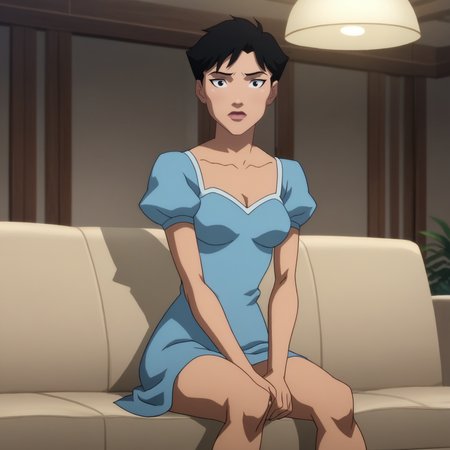 Ugly score_9_up, score_8_up, score_7_up, BREAK, DCAMU, 1girl, solo, black hair, short hair, black eyes, dress, sitting on couch,  <lora:DCAMU_Style_PXL_Leaf2:1>,  indoors,