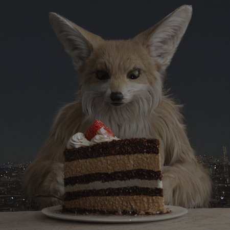 highres, best quality, masterpiece, very aesthetic, newest,source_photo,realistic,cinematic,solo,suzuran_(deathball) on the rooftop, cityscape, metal railings, night sky, city lights, solo, upper body,  plate , cake slice, whipped cream, strawberry, holding spoon , table , looking down,from below ,  <lora:ReallustriousX:1>