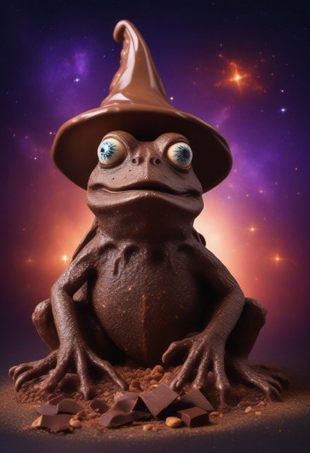 (chocolate frog with a wizard hat made of chocolate with googly eyes), eating chocolate goo, sharp teeth,  surrounded by chocolate chips
 Close up, space stars background.
(skeleton glowing)
zavy-flrscnc, fluorescent, fluorescent spraypaint,
