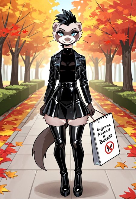score_9, score_8_up, score_7_up, highres, high quality, perfection, masterpiece,
BREAK 
1girl, (solo: 2.0), girl alone, front towards viewer, full body in view
BREAK 
furry female, ferret girl, anthropomorphic female, (anthro ferret girl: 1.2), beautiful girl, detailed fur, ((short black mohawk)), beautiful face, fangs, eyelashes, sexy pose (blue eyes: 1.2), perfect eyes, detailed eyes, whiskers, small breasts, black eyebrows, black eyeshadow, black lipstick, detailed hands, perfect hands
BREAK
((black latex knee length skirt)), ((black latex shirt)), ((black leather punk jacket)), ((black latex thigh high boots))
BREAK
standing, looking at viewer, (((holding a white sign in front of body with black text that says “Need Buzz”))), aidmatextimprover, smug smile,
BREAK
outdoors, day, park, trees, autumn, autumn leaves, falling leaves,