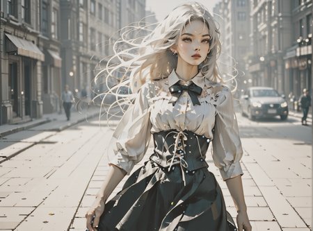 score_9, score_8_up, score_7_up, character in profile, walking, looking at surroundings, woman, pale skin, large breasts, <lora:sm0k3XLP:1>, <lora:goth_clothes:1>, (skirt(side lace-up corset, black skirt)), Long white hair, young face, <lora:john:1>, <lora:Eldritch_Universe_Style:1>,