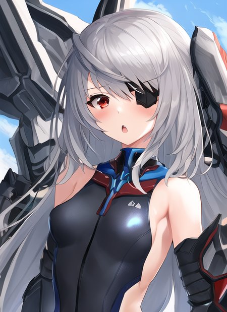 1girl, laura, grey hair, (eyepatch:1.2), :o, armor, bangs, bare_shoulders, blush, breasts, eyepatch, laura_bodewig, leotard, long_hair, looking_at_viewer, mecha, open_mouth, pilot_suit, red_eyes, silver_hair, solo, upper_body, very_long_hair, sky background, intricate, highly detailed, digital painting, artstation, concept art