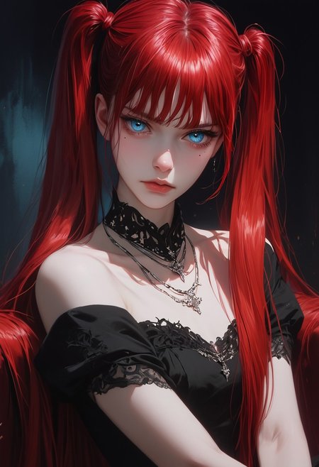 masterpiece,best quality, highly detailed, score_9, score_8_up, score_7_up, score_6_up, source_cartoon,Expressiveh,g4n1m3,comicbookpage style,
masterpiece,best quality,amazing quality,very aesthetic,absurdres,newest,detailed eyes, detailed, 1girl, realistic body, black dress, short sleeves, bare shoulders, strapless dress, black dress, upper body, twintails, very long hair, long bangs, light blue eyes, mole under eye, closed mouth, necklace, dark background, sitting, red hair,, add more details. Highly detailed