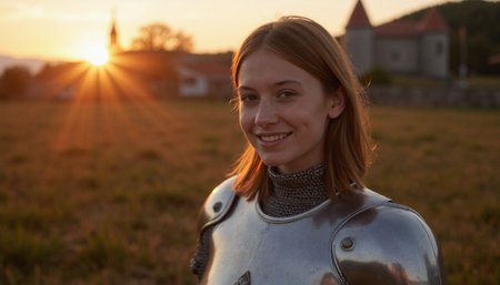 Still Frame, cinematic, dramatic, (masterpiece), (extremely intricate:1.3), (realistic), portrait of a girl, the most beautiful in the world, (medieval armor), metal reflections, upper body, outdoors, intense sunlight, far away castle, professional photograph of a stunning woman detailed, sharp focus, dramatic, award winning, cinematic lighting, , volumetrics dtx, (film grain, blurry background, blurry foreground, bokeh, depth of field, sunset,interaction, Perfectchainmail			 :: (facial expression of smile and tired and sleepy:1.3),		