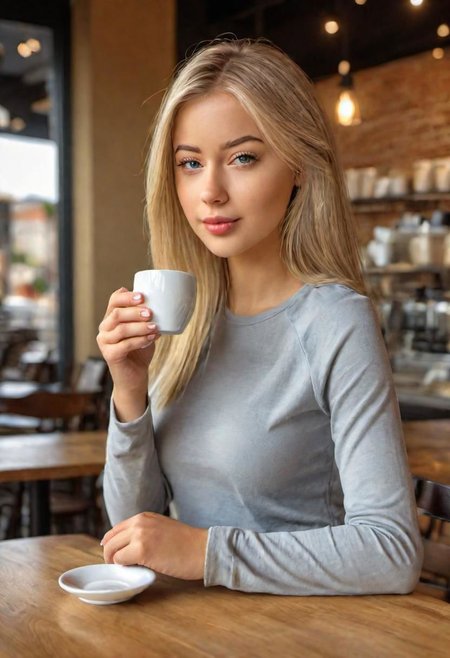 (masterpiece)
a beautiful blond girl drinking coffee, 
coffe shop background, 
HDR, 8k, trending on artstation,