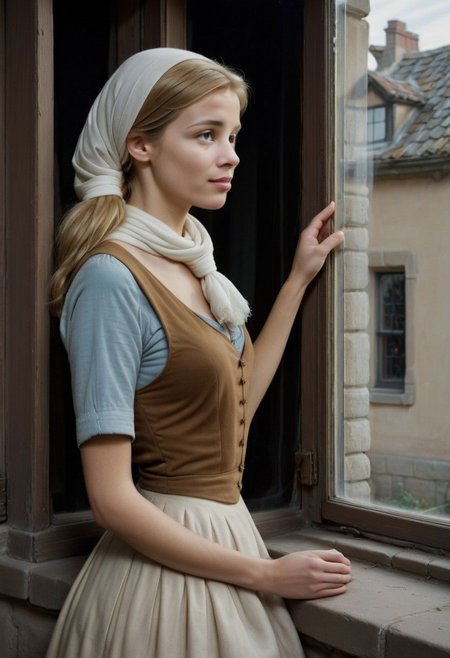 Ultra Realistic, long shot, view from outside,  Cinderella,  everyday-dress, white scarf tied in hair, leaning on the edge of the window,  thoughtful