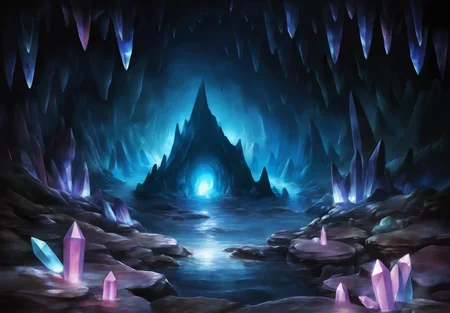 masterpiece,absurdres,best quality,high quality,<lora:Vanillaware XLV3 Vpred Noob:1>,crystal,no humans,scenery,water,cave,dark theme,glowing,