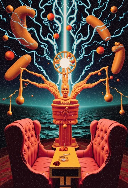 Slot machine graphics from front view . Disturbing scenes of addiction, people injecting drugs heroin, white powder, drinking alcohol smoking cigarettes. very strange surrealist style with holographic vortex featuring swirls of holotropic colour and glowing eyes wet distorted factory shot. On the television sets are glowing hands, with electricity coming off the finger tips. swirling around her head are holograms of  glyphs chaos magick symbols. the room has thick electricity cables and smoke is coming off them. large wet glistening slices of wet soggy ham and hot dogs are floating in the air, dripping gooey sauce combining mustard and blood, there are multiple wet hotdogs floating. on the wall in the background are photos of nuclear explosions