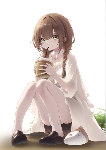 1girl,:t, braid, brown hair, cup, disposable cup, drinking straw, full body, green eyes, holding, holding cup, sitting, solo, twin braids, wariza, white background <lora:Pparus:1>