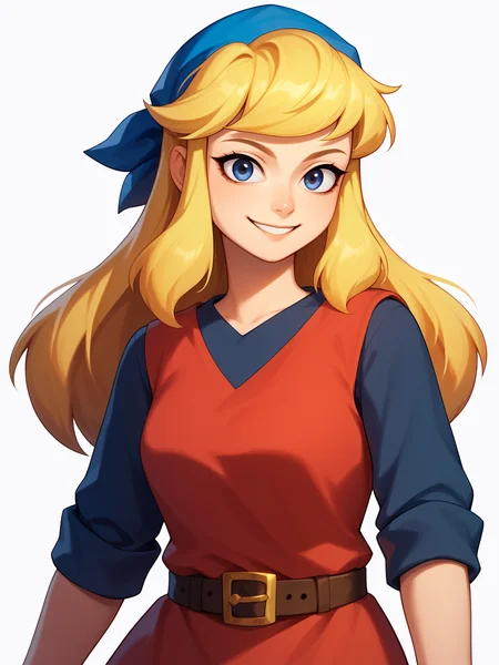 score_9, score_8_up, score_7_up, BREAK,
1girl, cadence, blue eyes, blonde hair, long hair,
blue bandana, red tunic, belt,
smile, upper body, looking at viewer, solo, simple background, white background    <lora:CadencePDXL_byKonan:1>