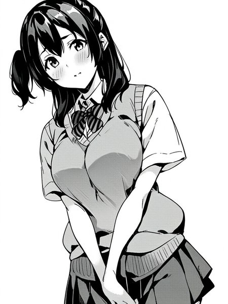 score_9, score_8_up, score_7_up,  
1girl, monochrome, rui dt, long hair, black hair, one side up, large breasts,


standing, v arms, sweater vest, striped bowtie, white shirt, short sleeves, pleated skirt, school uniform, shy, looking at viewer, white background,
solo,