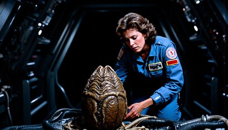 nostromo style,
over shoulder shot, woman wearing jumpsuit discovers a Xenomorph egg sits ominously at the center, its top slightly opening,
spaceship interior, hallway, dimly lit, science fiction, horror,

extremely detailed:1.2, sharp:1.2, bold outlines,

sharp focus, detailed face, clear eyes, Detailed perfect hand